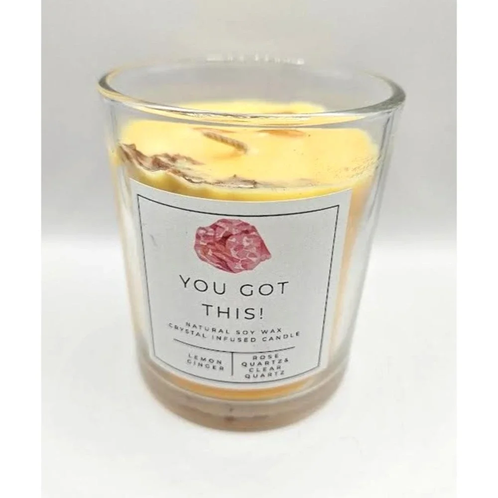 You Got This! Natural‎ Soy Wax Crystal Candle Lemon Ginger Rose And Clear Quartz